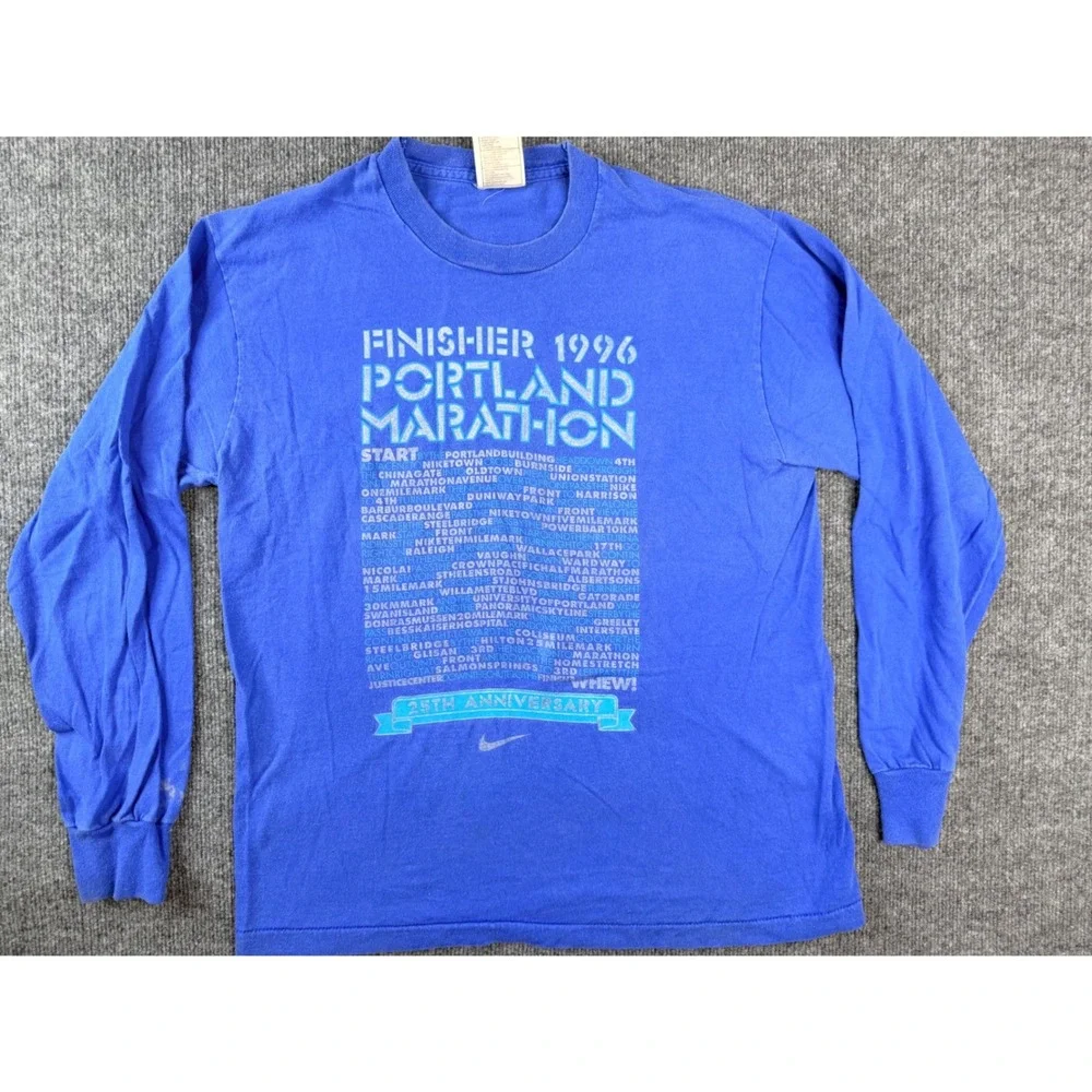 Vintage 90s Nike Portland Marathon 1996 Finisher Shirt Mens M Blue Long Sleeve